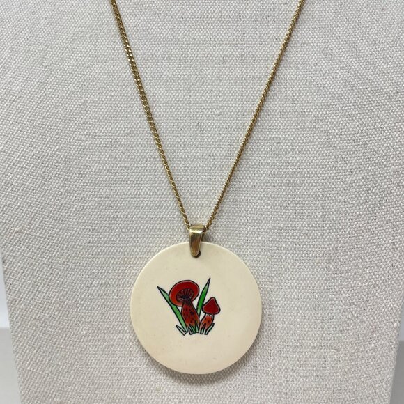 Vintage Mushroom Pendant Necklace Groovy 70s Long Length Chain Gold-Tone - Picture 1 of 9